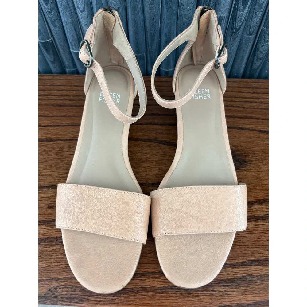 Eileen Fisher Womens Nude Leather Ankle Strap Wedge Sandals Beige Size 6